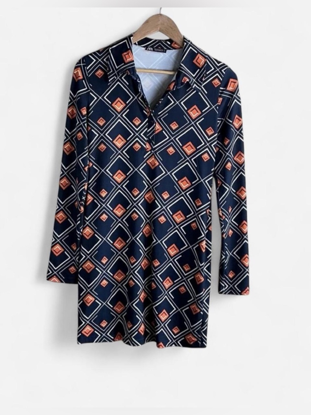 Zara Retro Geometric Diamond Print Tunic Mini Dress Size Small Eclectic 70s
